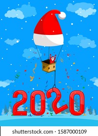 Santa Claus on Balloon throwing confetti. 2020 Happy new Year and Merry Christmas winter Scene. Fully editable, layered and named.