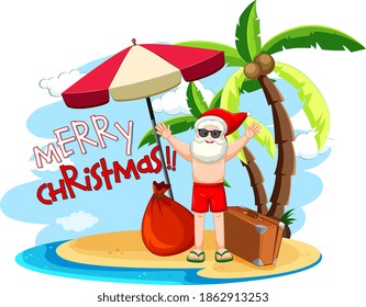 Santa Claus on the beach island for Summer Christmas illustration