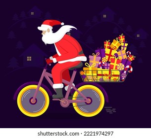 Der Weihnachtsmann auf dem Fahrrad hat es eilig, Geschenke zu verteilen. Neujahr und Weihnachten 2023. Helle Vektorgrafik