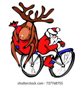 Santa Claus on a bicycle.Vector illustration, colors on white background. Humorous illustration. New Year