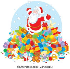 Santa Claus on a big pile of Christmas gifts