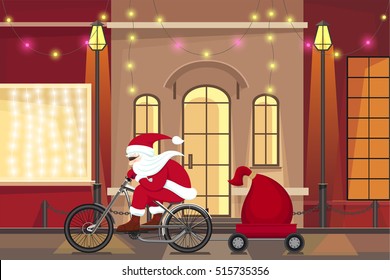 Santa Claus on bike. Christmas card with a picture of the festive streets. Happy New year colourful cartoon poster. Vector illustration.