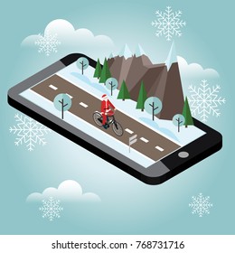 Santa Claus on a bike. Isometric countryside. Mobile geo tracking. Santa Claus cycling on countryside winter road or highway