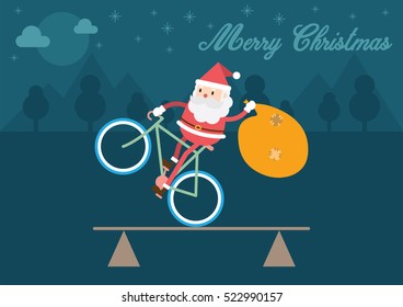 Santa Claus On Bike Show. Christmas card background.