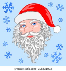 Santa Claus on a blue background with snowflakes.