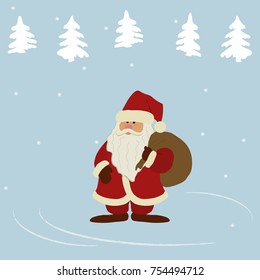 Santa Claus on a blue background. Winter landscape with fir trees. It can be used as a design element in the Christmas composition. Vector illustration.