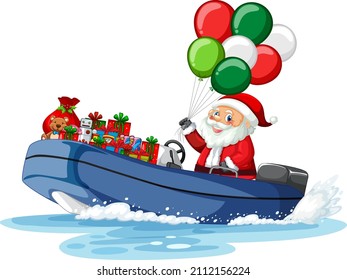 Santa Claus on the boat with his gifts illustration