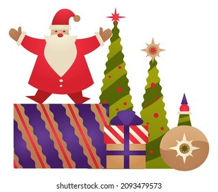 Santa Claus on boxes with presents for seasonal winter holidays, isolated bearded man with gifts. Baubles and toys for decorating Xmas tree, new year, and Christmas fun. Vector in flat style
