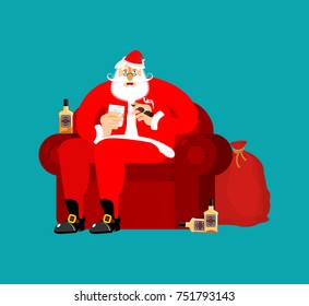 Santa Claus on chair and drinking whiskey and smoking cigar. Drunk grandfather. Christmas rest. New Year Vector Illustration

