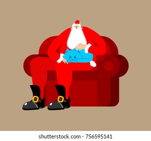 Santa Claus on chair stroking cat. Christmas and New Year Vector Illustration