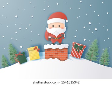 Santa Claus on chimney with boxes gift, Merry christmas and happy new year,paper cut and craft style
