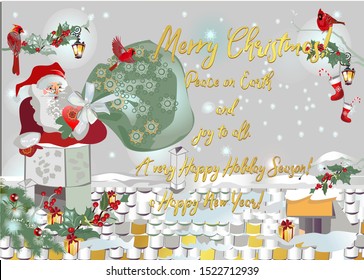 Santa Claus on Christmas background with Christmas tree garlands, decorated with birds, Red Cardinal,  ribbons, lights. For Christmas posters, cards etc.