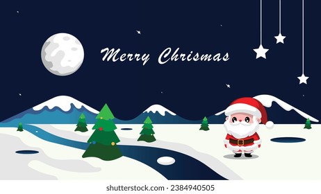 Santa Claus on Christmas Eve Over a Snow Field With a Full Moon and Starry Sky in the Background