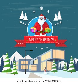 Santa claus on christmas greeting card holding gift box presents with merry christmas and happy new year banner in front of modern winter house