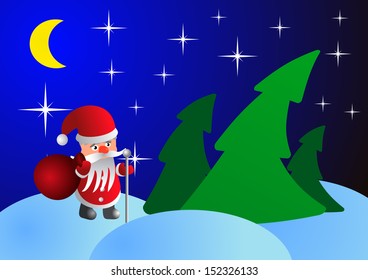 Santa Claus on Christmas night in the woods - vector