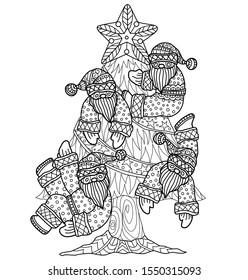 Santa Claus on Christmas Tree.
Zentangle stylized cartoon isolated on white background. 
Hand drawn sketch illustration for adult coloring book. 
