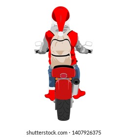 Santa Claus on classic motorcycle wearing backpack back view graffiti style isolated on white vector illustration