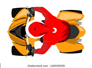 Santa Claus on classic sport racing all-terrain vehicle wearing red cap with fur pompon top view isolated on white vector illustration