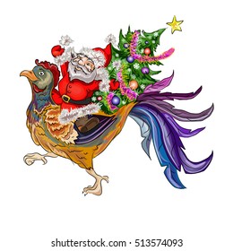 Santa Claus on a cock with a Christmas tree isolated on white background. New Year 2017.Vector illustration