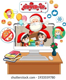 Santa Claus on computer display with social media icon illustration
