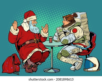 Santa Claus is on a date with a female astronaut. Restaurant or cafe. Christmas holidays