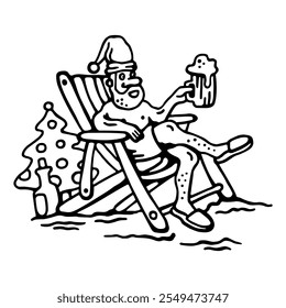 Santa Claus on a deck chair, with a Christmas tree and a glass of foamy beer, celebrates the New Year on a warm beach with sand