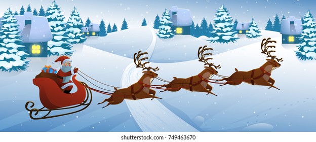 Santa Claus on deer riding on sleigh with reindeers by snow. Concept for Greeting or Postal Card. Snowy Christmas Landscape Fir Tree Night . Background Vector Illustration in Cartoon Style.