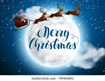 Santa Claus on deer riding on sleigh with reindeers. Concept for Greeting or Postal Card. Snowy Christmas Night and Big Moon. Background Vector Illustration in Cartoon Style.