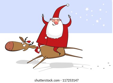 Santa Claus on deer.  Vector illustration