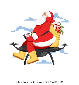 Santa Claus on a drone. Christmas gift delivery by air. modern technologies for the holiday