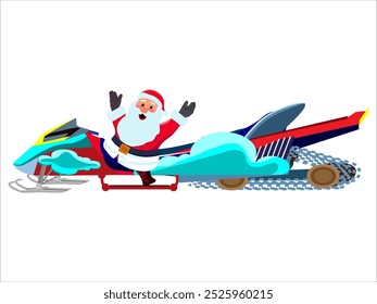 Santa Claus on a fabulous modern snowmobile before loading and sending gifts. Merry Christmas stylized typography. Vector illustration in flat style for New Year cards, patterns, stickers.