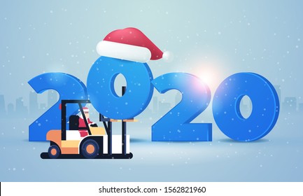 santa claus on forklift loading 2020 happy new year poster winter holidays celebration concept greeting card flat horizontal vector illustration