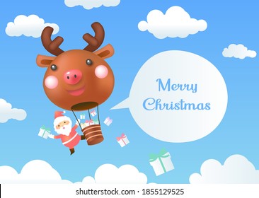 Santa Claus is on a giant balloon. The balloon is the shape of a reindeer. Santa claus gives gifts. Gifts fell from the sky. 
Celebrate the Christmas.