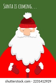 Santa Claus on green background in traditional holidays colors. Lettering Santa is coming. Cute cartoon style postcard