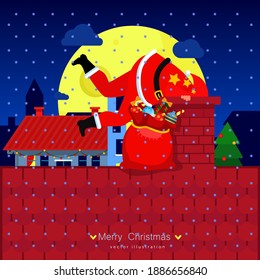 Santa Claus on the house roof chimney with bag of gifts. A bag of gifts. The night before Christmas. Santa Claus is stuck in a pipe. Roof of the house.