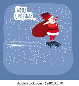 Santa Claus on a hoverboard flies with a bag of gifts around the Earth. Congratulations on a Merry Christmas and Happy New Year. Vector, banner, poster, greeting card, illustration, isolated