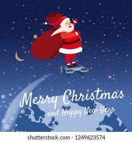 Santa Claus on a hoverboard flies with a bag of gifts around the Earth. Congratulations on a Merry Christmas and Happy New Year. Vector, banner, poster, greeting card, illustration, isolated