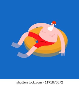 Santa Claus on inflatable ring. Christmas holidays at sea. Rest and Relaxation. New Year Vector illustration

