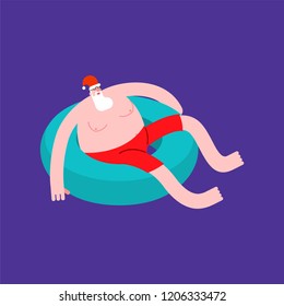 Santa Claus on inflatable ring. Christmas holidays at sea. Rest and Relaxation. New Year Vector illustration
