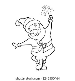 Santa Claus on an isolated background dancing with a Bengal fire in his hand. Coloring. Cartoon, vector.