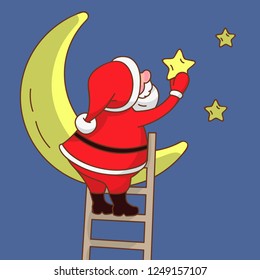 Santa Claus on ladder hangs the stars in the sky. Cartoon Santa character isolated on blue background.