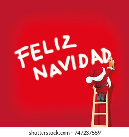 Santa Claus on ladder sprays Feliz Navidad