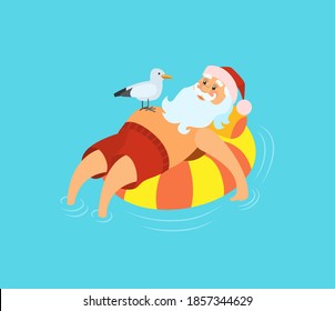 Santa Claus on life buoy, seagull sitting on him, vector cartoon character celebrating New Year in tropical country, vector bearded man in inflatable float