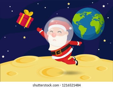 Santa Claus on the moon with gift boxes floating in space.