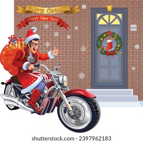 Santa Claus on a motorcycle with Christmas gifts. New Year