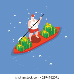 Santa Claus on paddle board with gifts isometric 3d vector illustration concept for banner, website, illustration, landing page, flyer, etc.