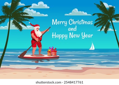 Santa Claus on paddle board with gifts on the resort tropical