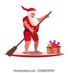 Santa Claus on paddle board with gifts