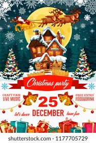 Santa Claus on poster for Christmas party with craft fair and free entry. Harness with deers flying over house with snow on roof among Xmas trees, jingle bells with garlands and gift boxes vector