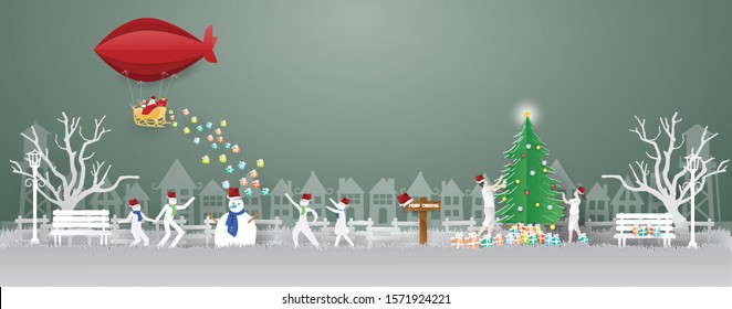 Santa Claus on Red balloon in the sky coming to  city Landscape,Merry Christmas concept .paper craft style vector and illustration